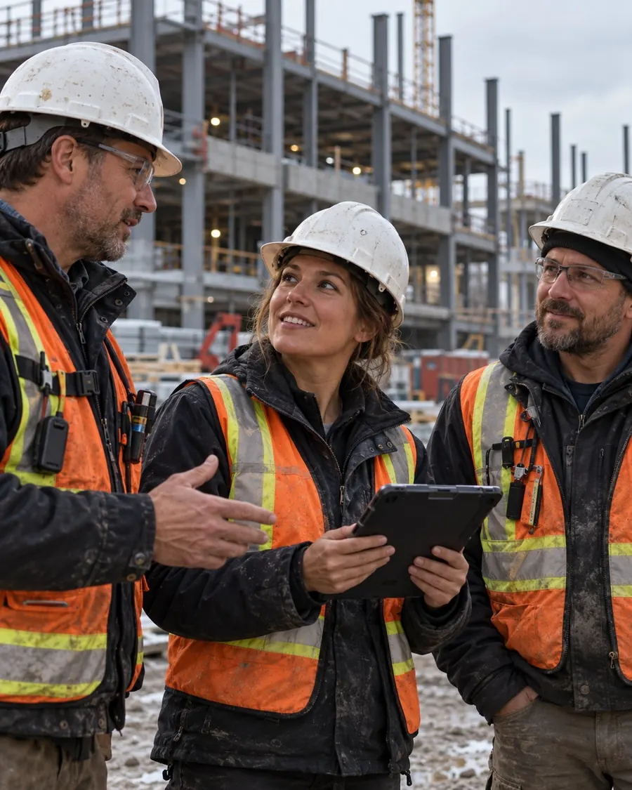 Équipe de chantier qui discute d'un projet devant une structure d'acier