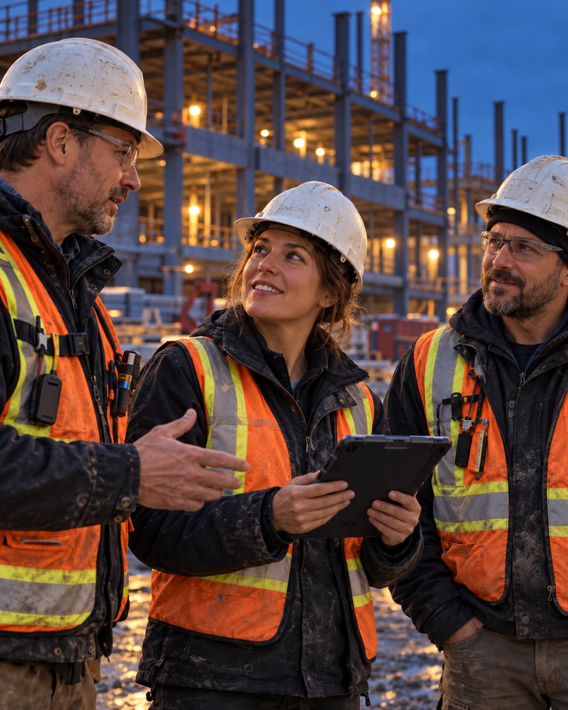 Équipe de chantier qui consulte un projet sur une tablette