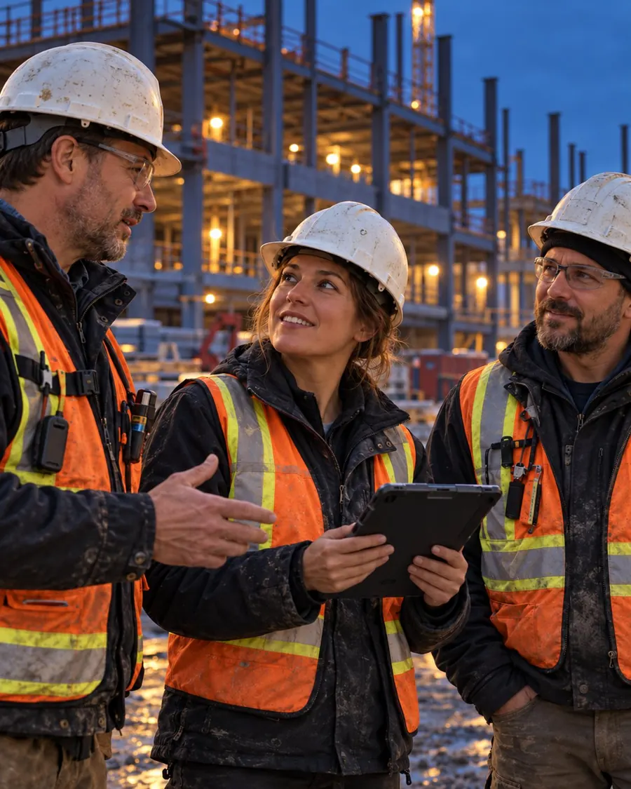 Équipe de chantier qui consulte un projet sur une tablette